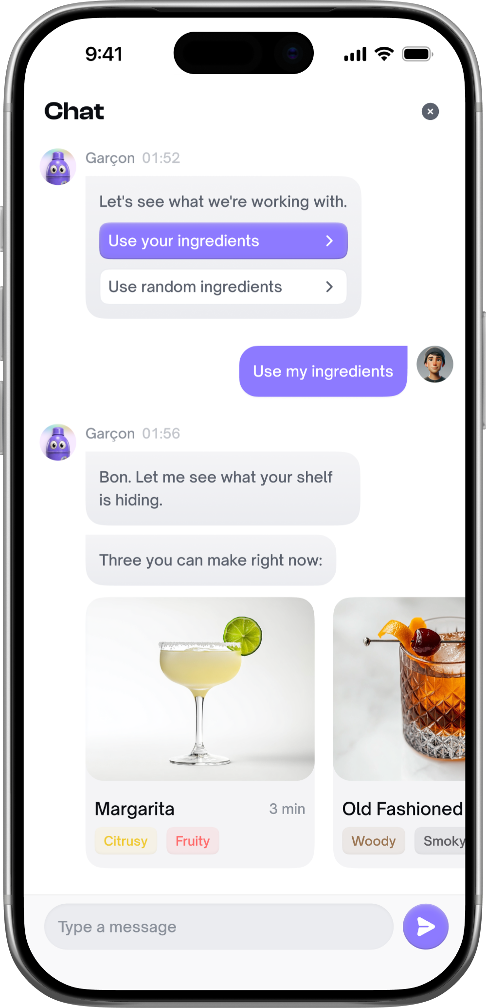 Garçon recommending cocktails based on ingredients in a home bar