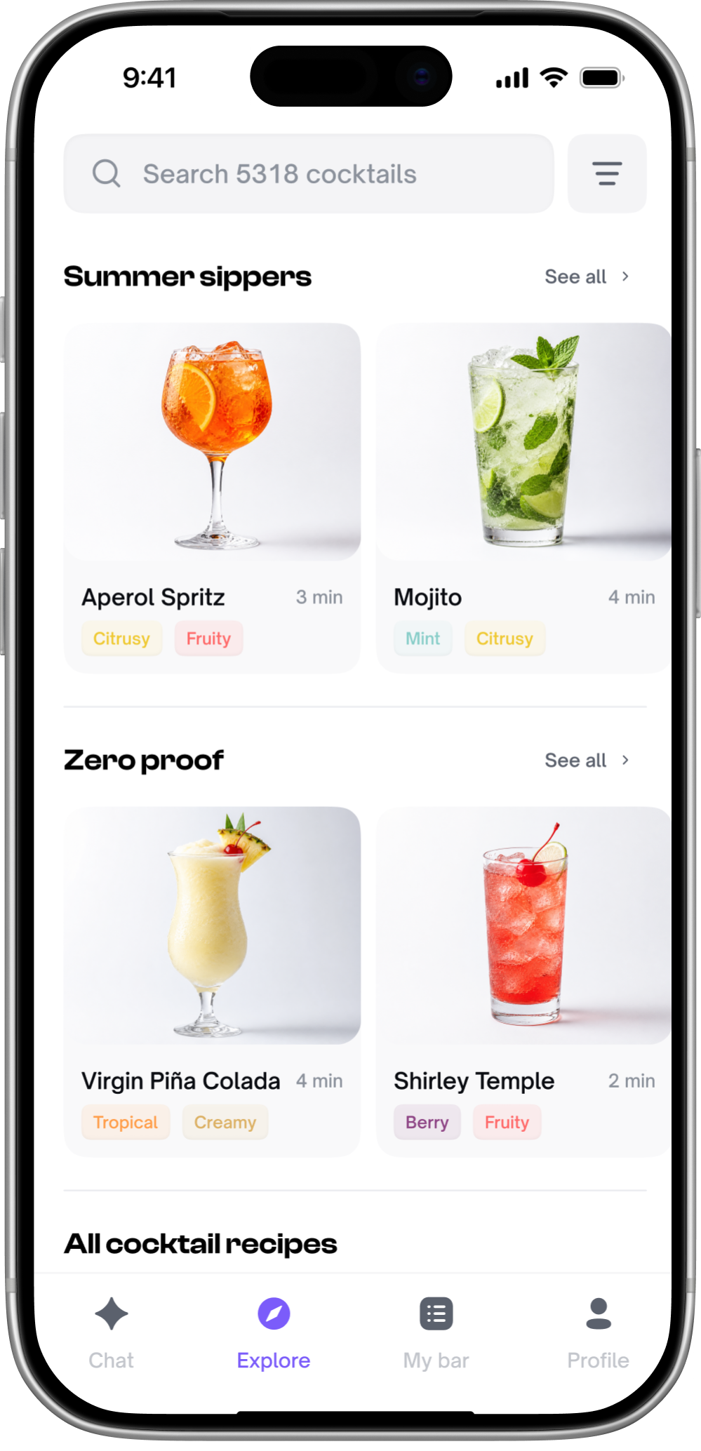 Recipe discovery screen with cocktail collections and zero-proof drinks