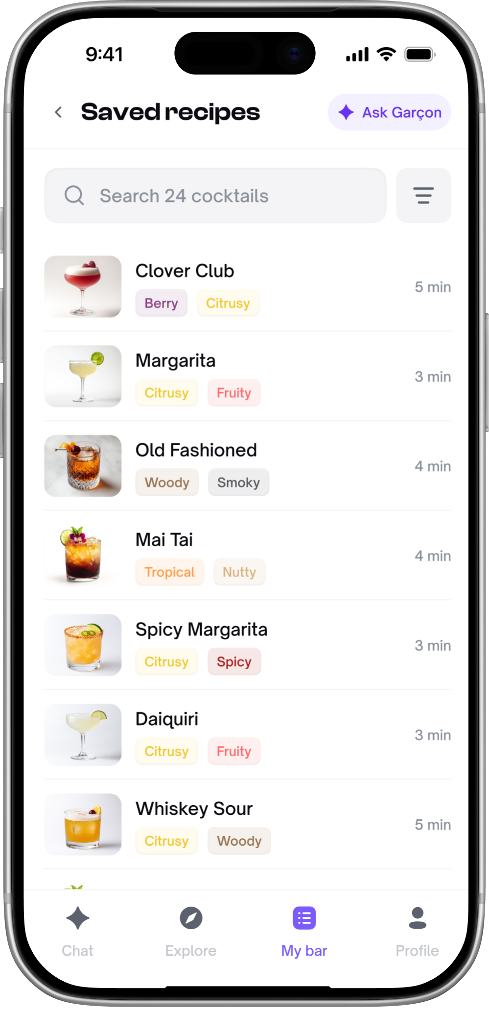 Saved cocktail recipes organized in the Garçon app