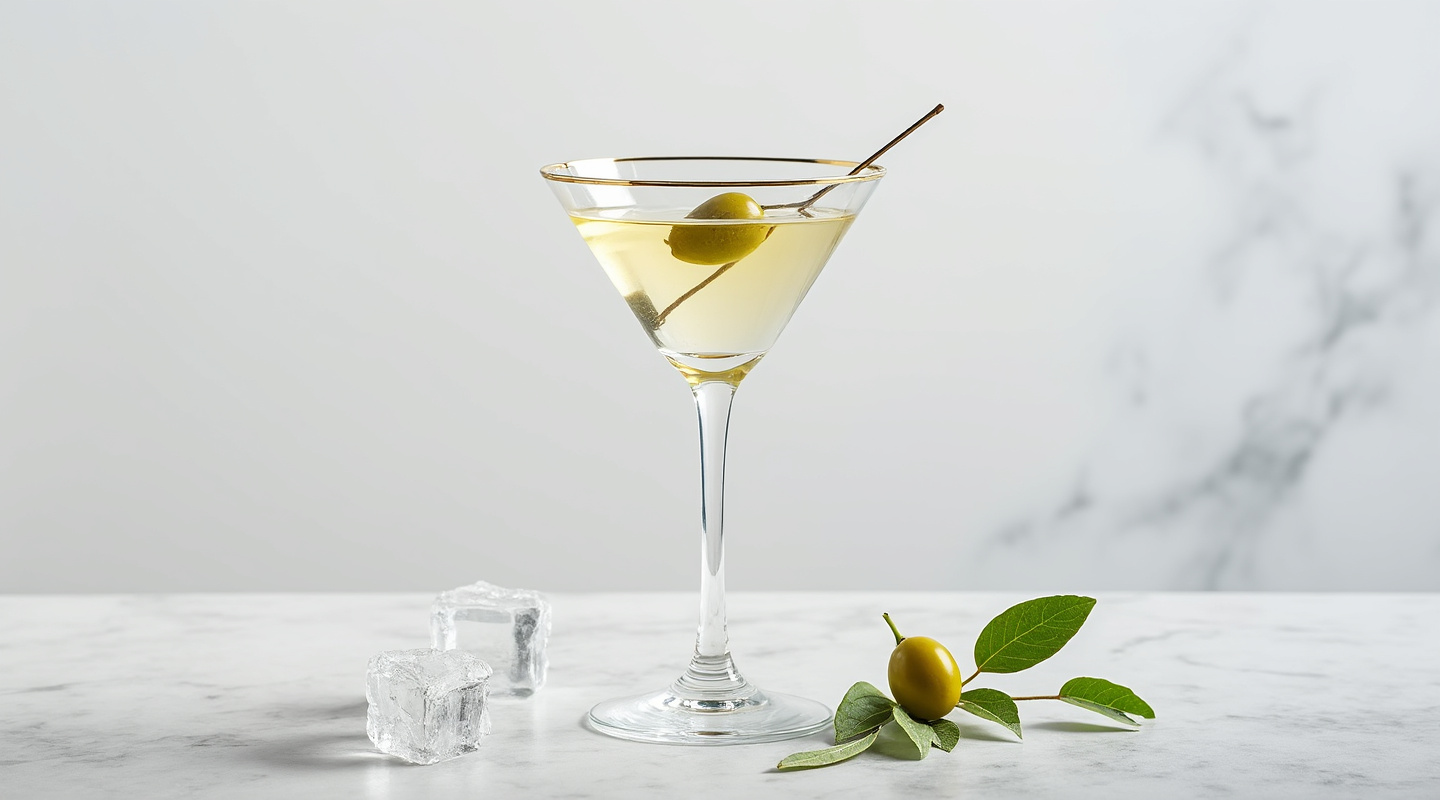 Churchill Martini in a chilled glass with olive garnish