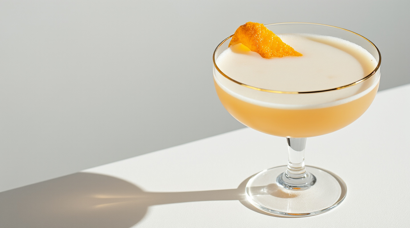 Clubland cocktail in a coupe glass garnished with an orange zest twist