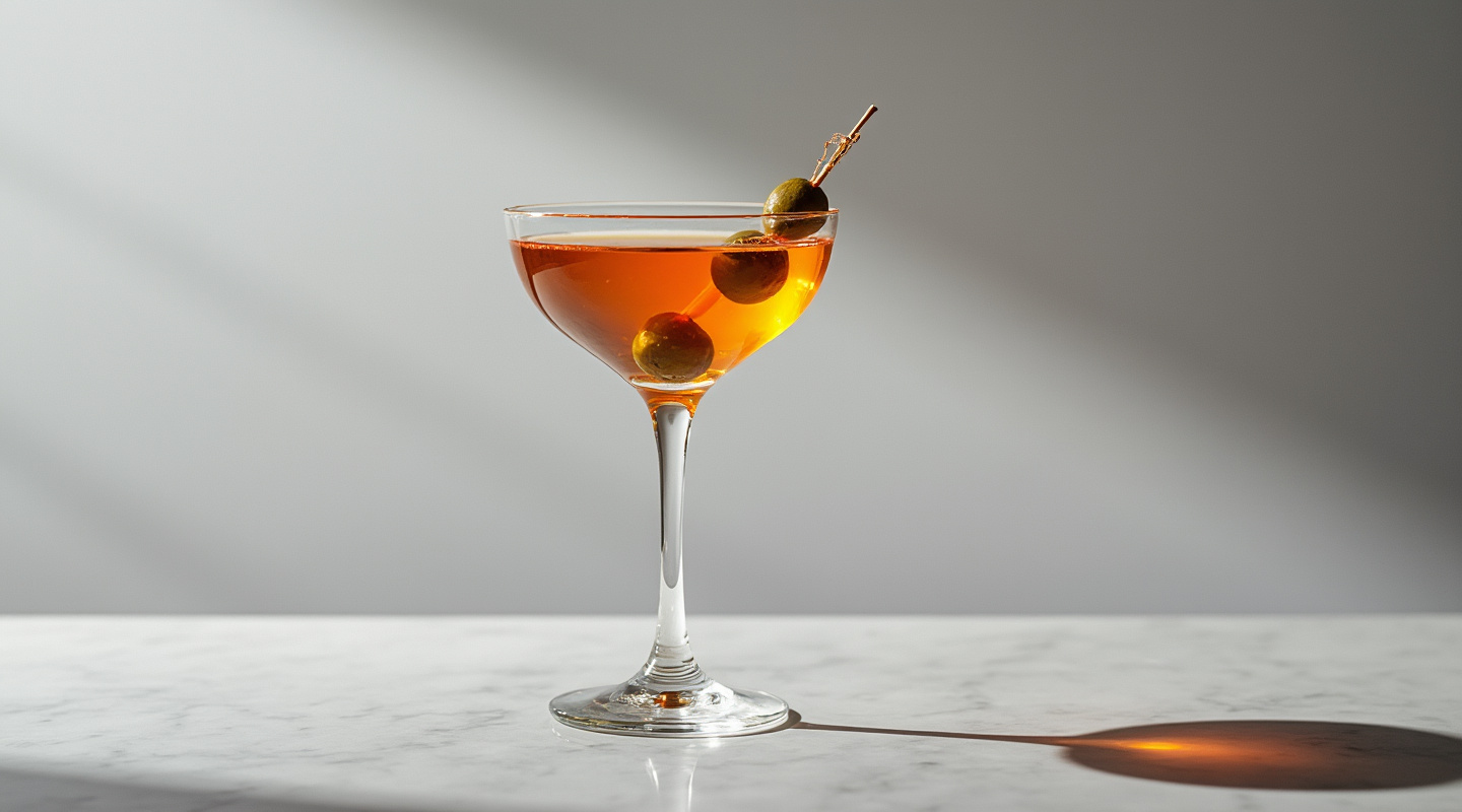 Elegant Dutch Martini served in a chilled Martini glass garnished with olives