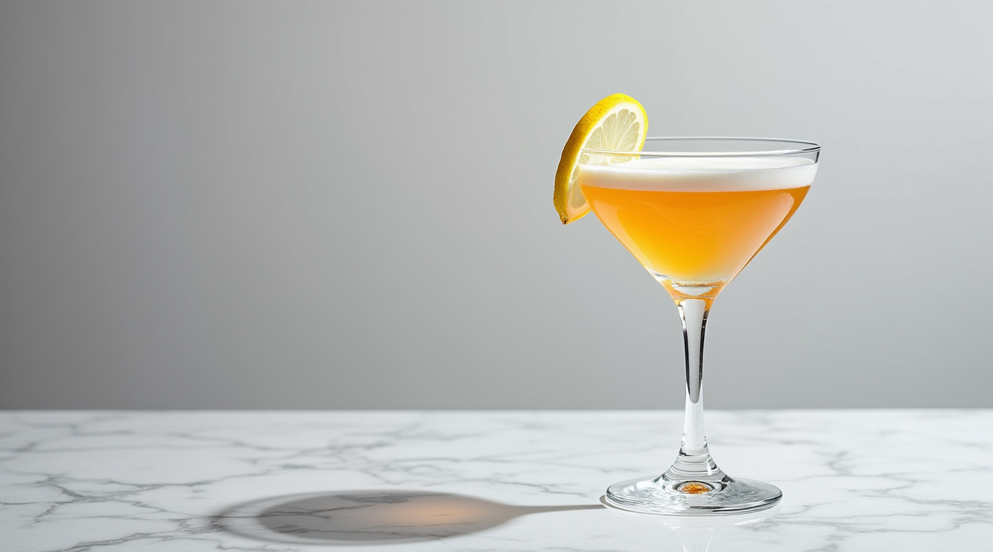 Chilled Fifth Degree Cocktail served in a martini glass with a lemon zest twist garnish