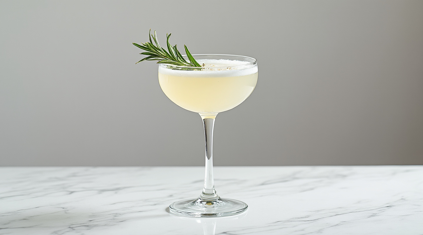 Grand Designs cocktail with Rosemary sprig garnish
