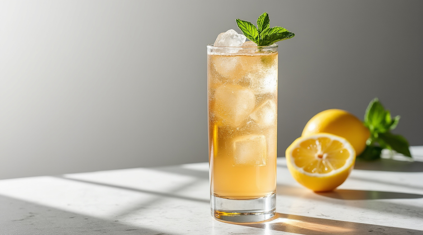 Juniport Fizz in a glass with mint sprig garnish