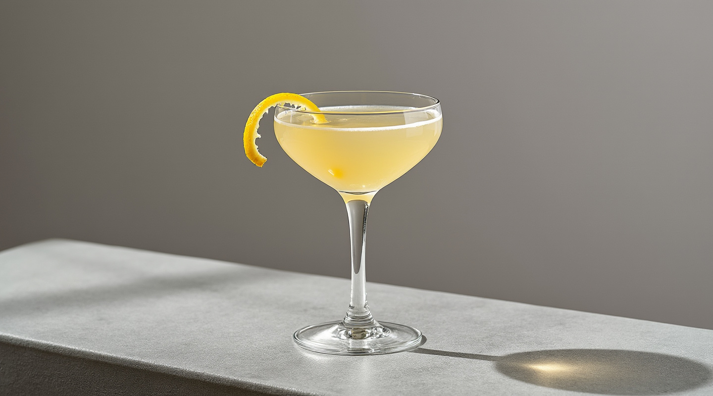 A glass of Kangaroo cocktail in a Martini glass with lemon zest twist.