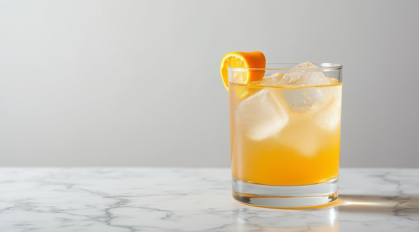 A Naranja cocktail in an Old-fashioned glass, garnished with orange zest.