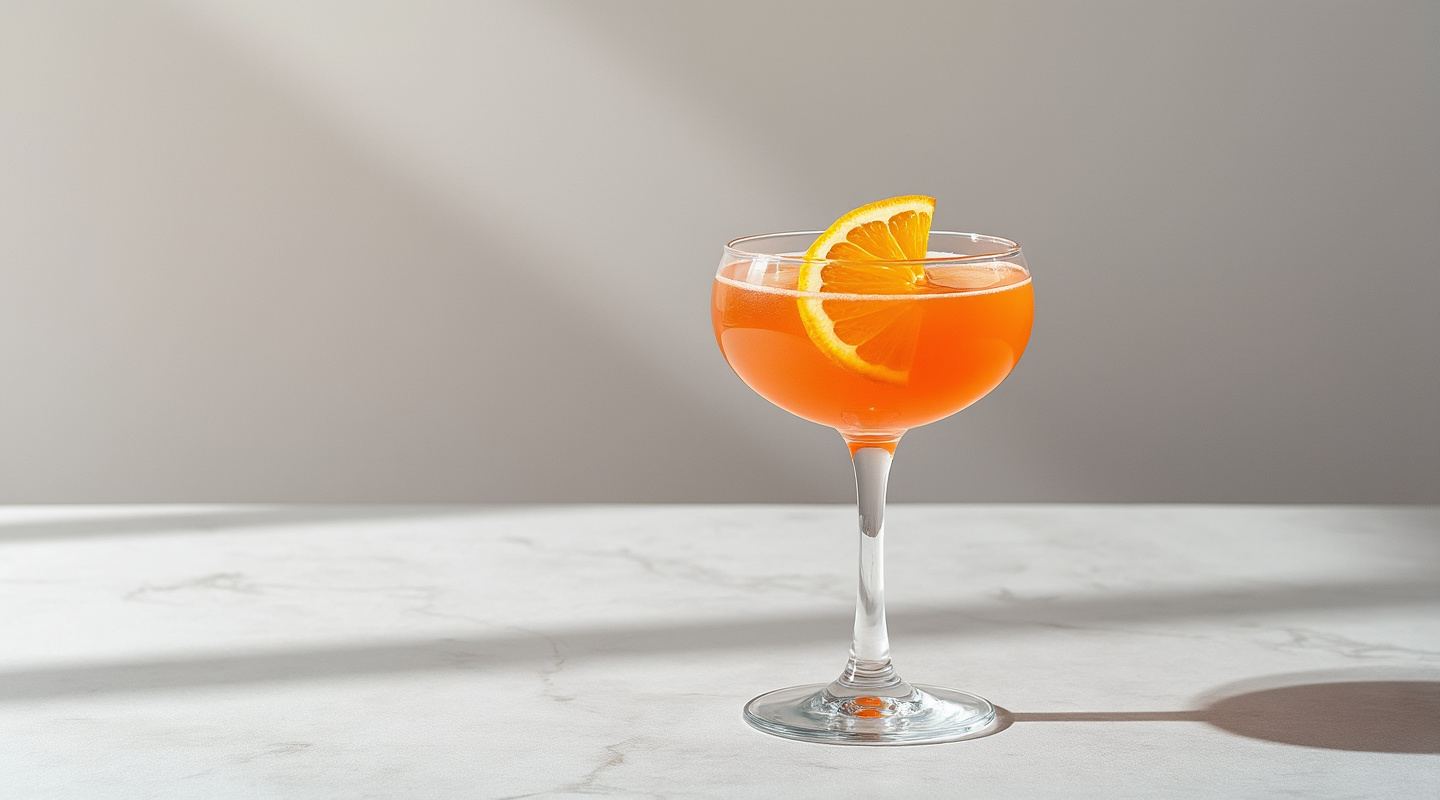 Blood Orange Cocktail with an orange zest garnish served in a Coupe glass.