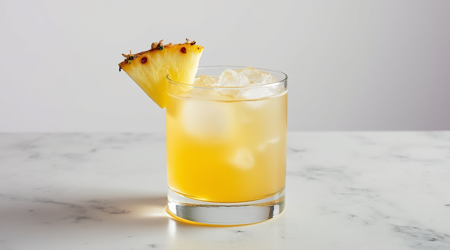 Pineapple Fix cocktail in an old-fashioned glass with a pineapple wedge as a garnish