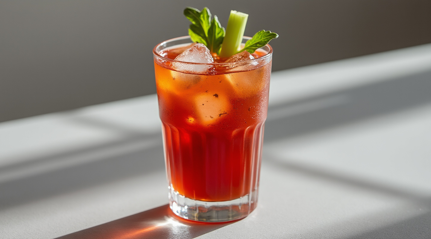 A Bloody Joseph cocktail served in a Collins glass with a celery stick garnish