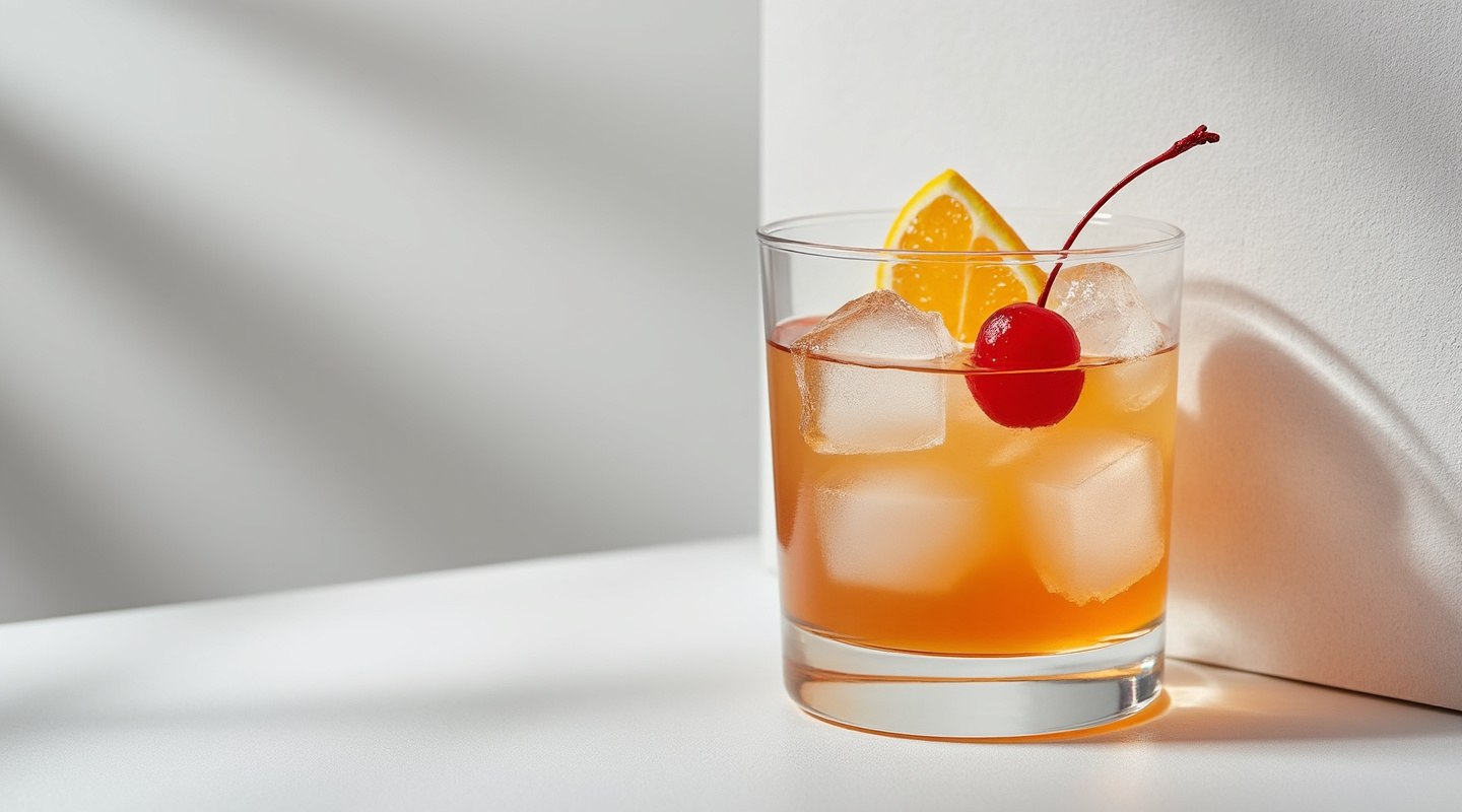 Brunswick cocktail served with orange slice and cherry