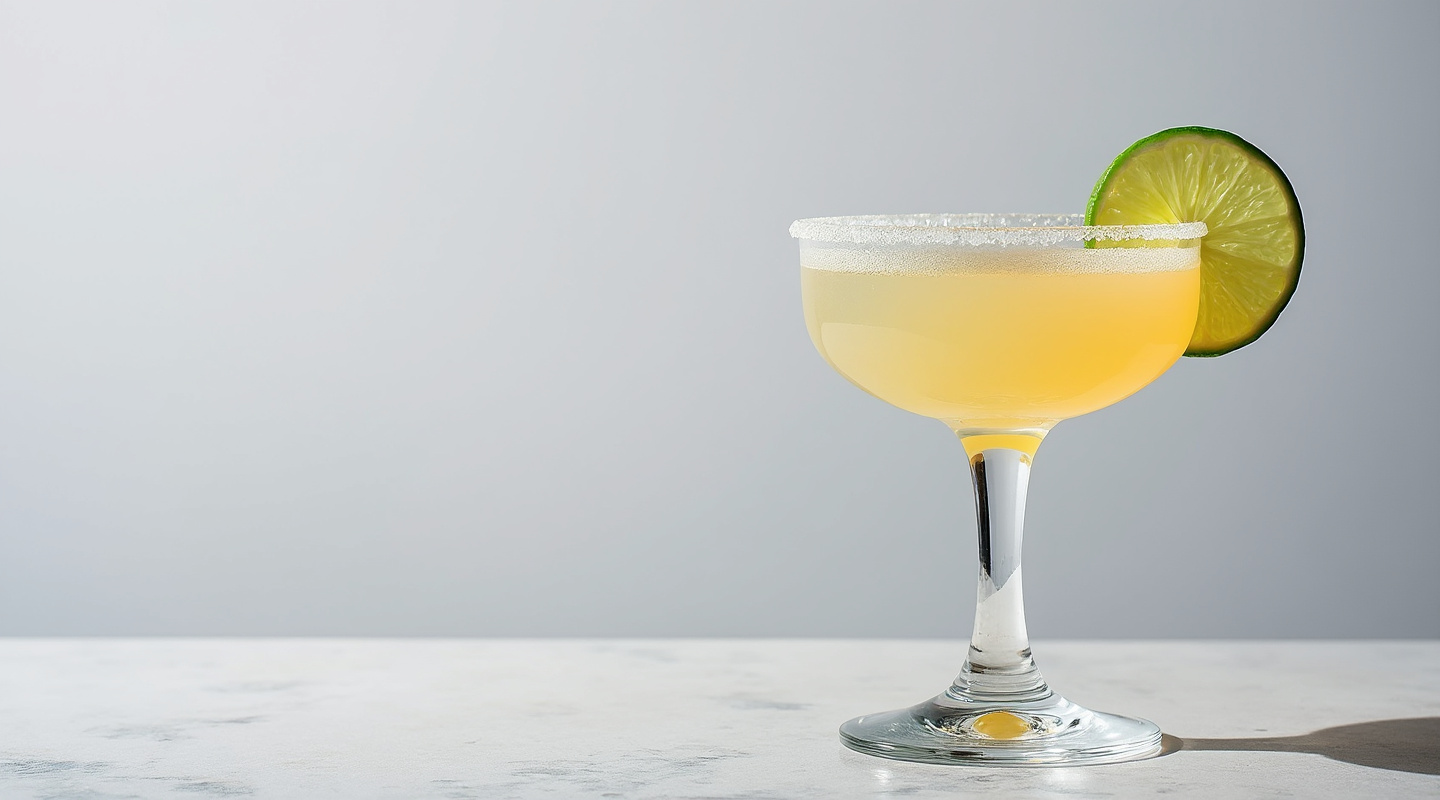 Italian Margarita in a Coupe glass garnished with a lime wedge