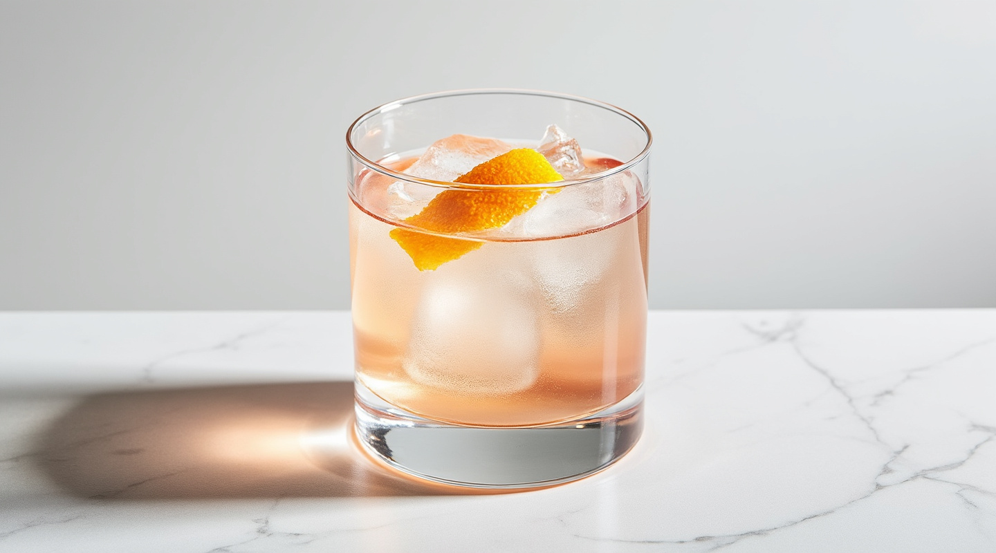 L'amour En Fuite in a glass, garnished with Orange zest twist