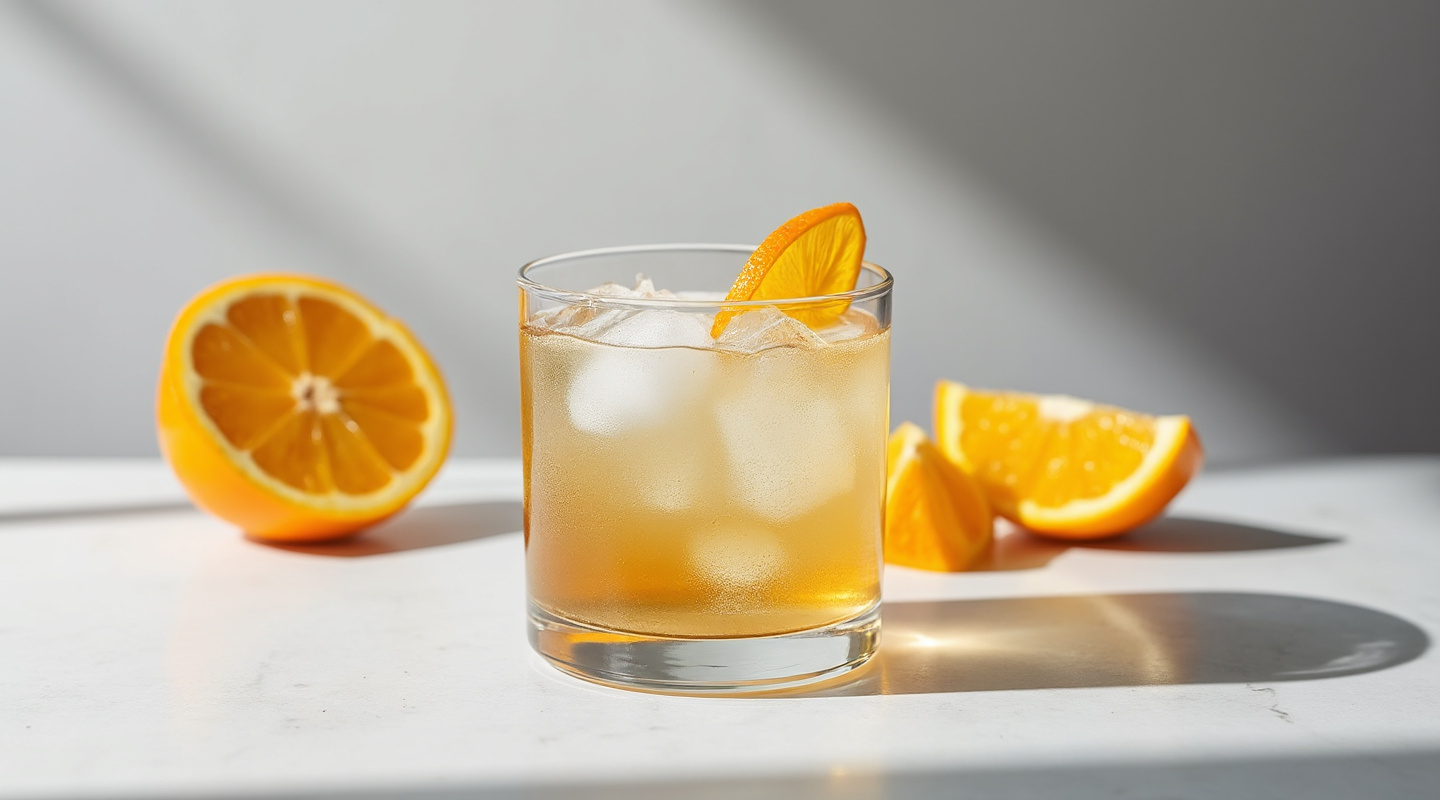 Nathalia Cocktail served in a chilled Old-fashioned glass with an orange zest twist