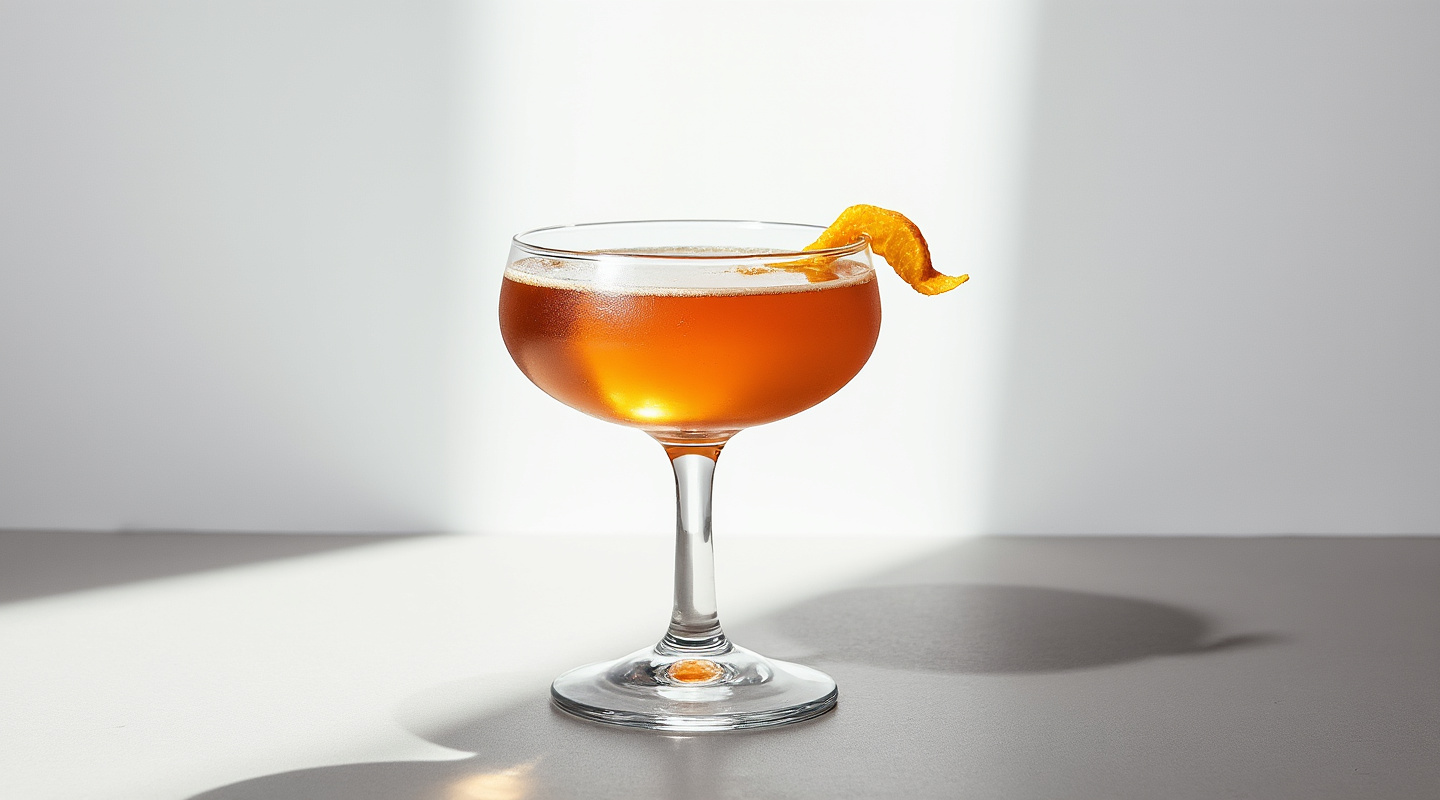 Cuban Liberal in a coupe glass with orange zest twist garnish