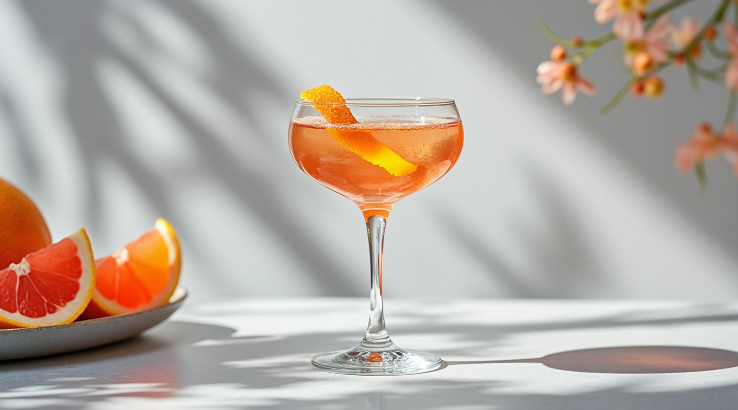 Money Penny cocktail in a Coupe glass with a grapefruit twist garnish