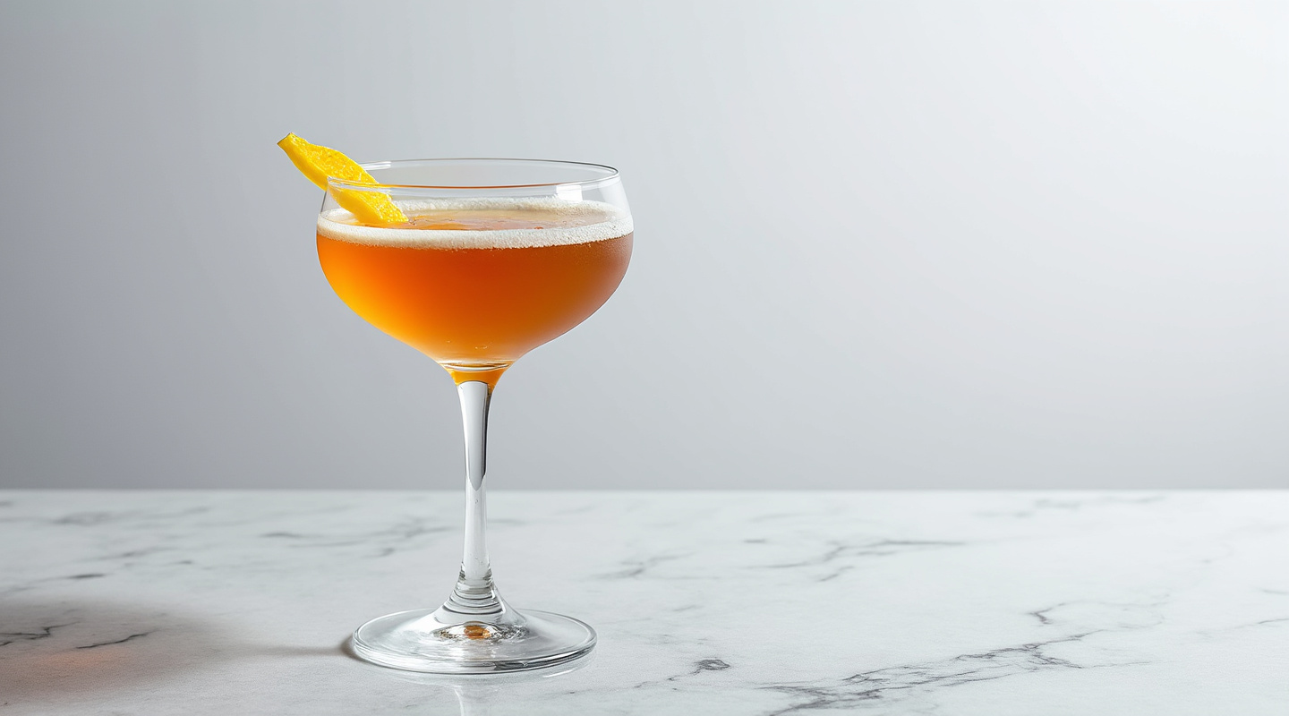 Smoke and Mirrors No.2 cocktail in a Coupe glass with lemon zest garnish
