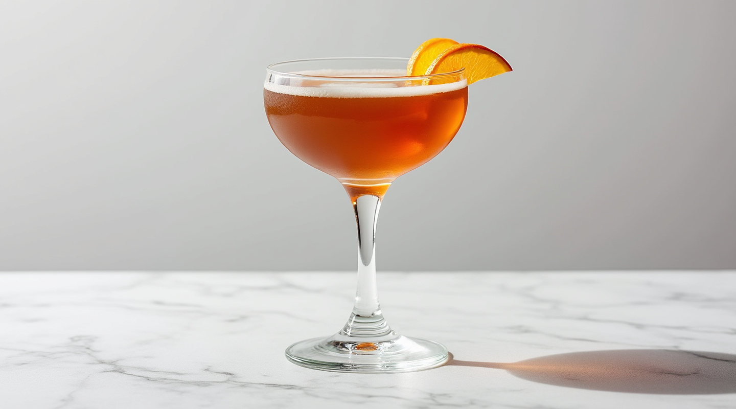Smoked Maple cocktail served in a coupe glass with an orange zest garnish
