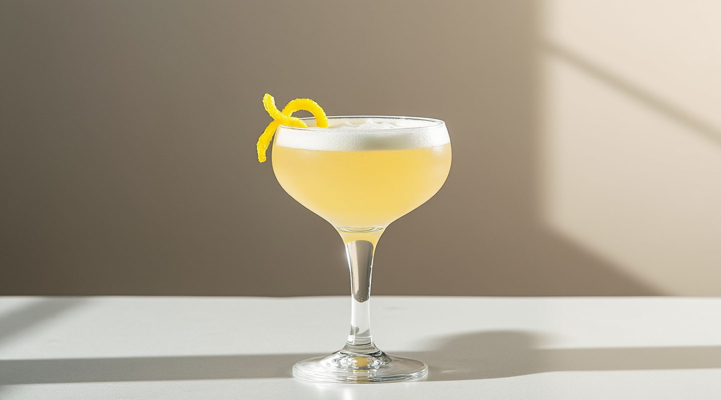 A Too Ache Sidecar cocktail served in a chilled coupe glass with a lemon zest twist garnish.