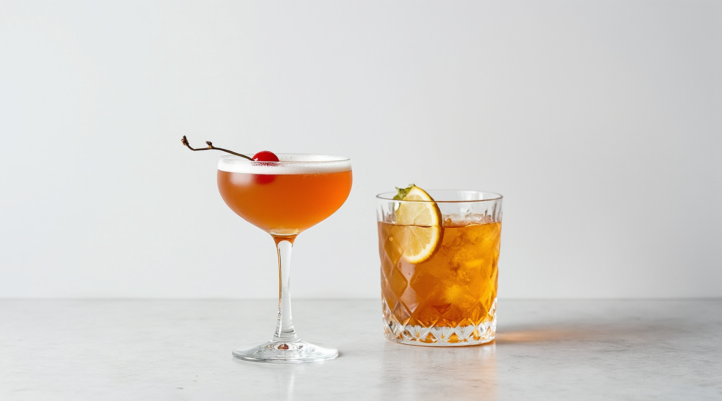 The Gold Rush cocktail in a Nick & Nora glass garnished with a maraschino cherry