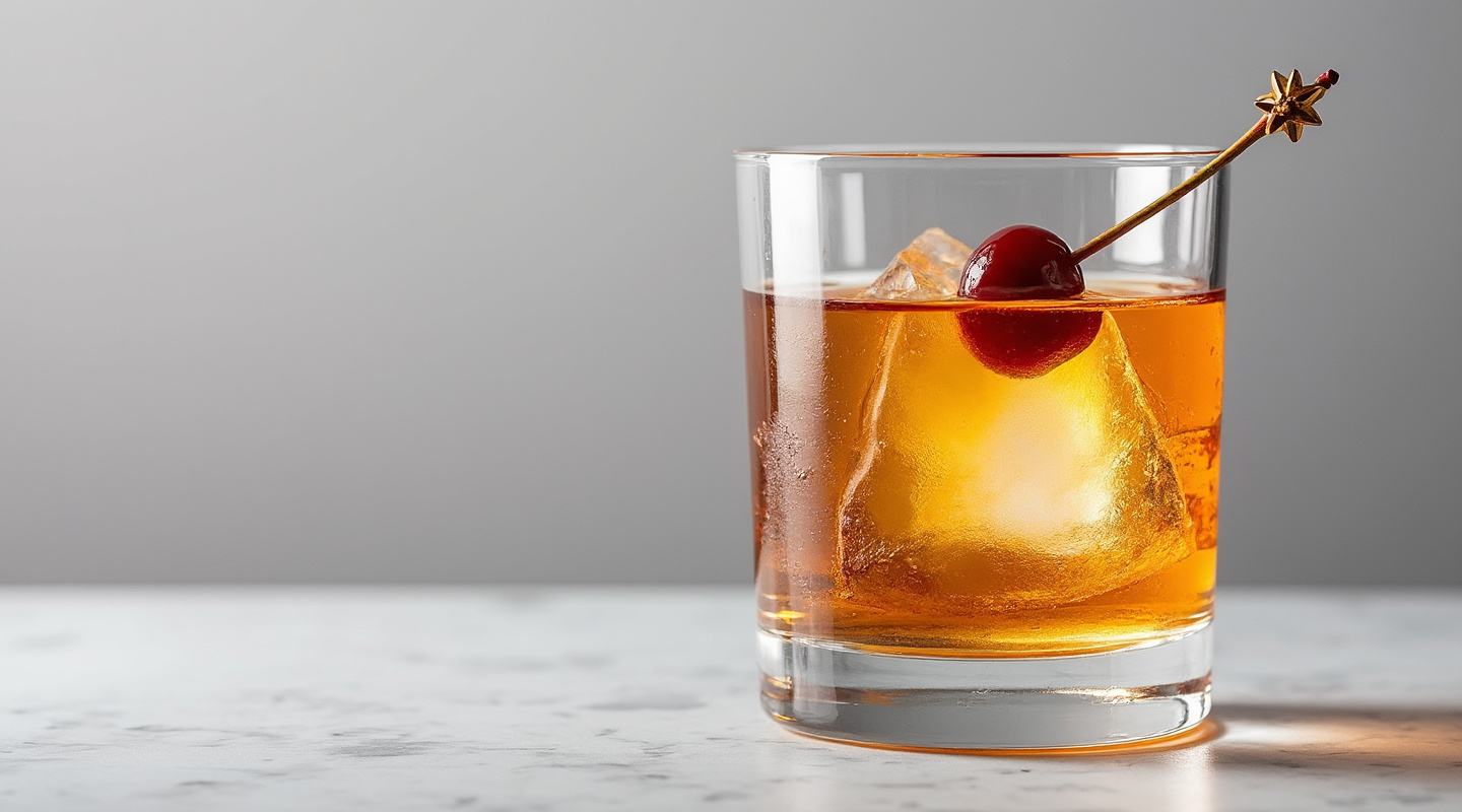 New York, New York cocktail in a Coupe glass garnished with a maraschino cherry