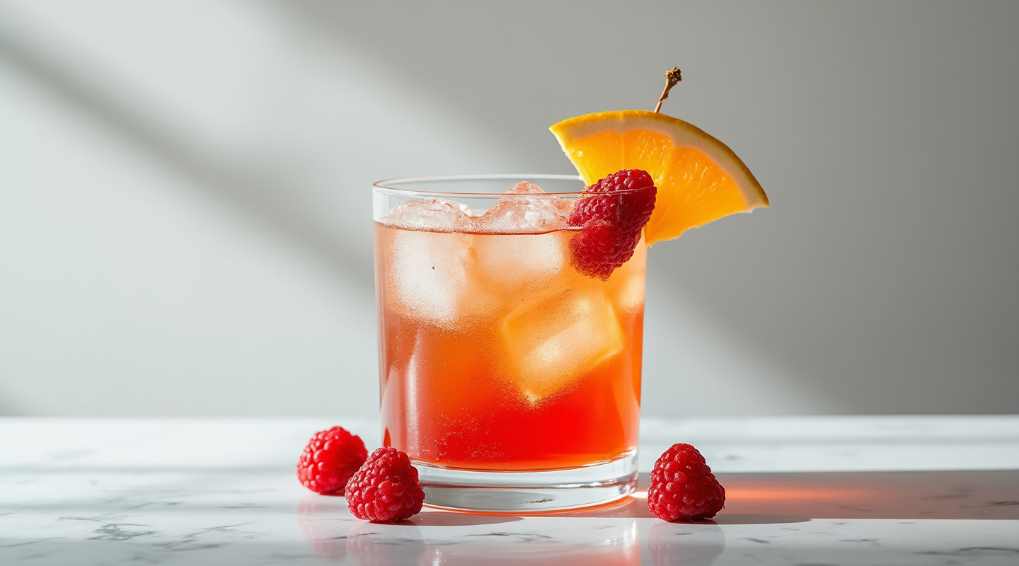 Prince of Wales Punch in a Collins glass with raspberries