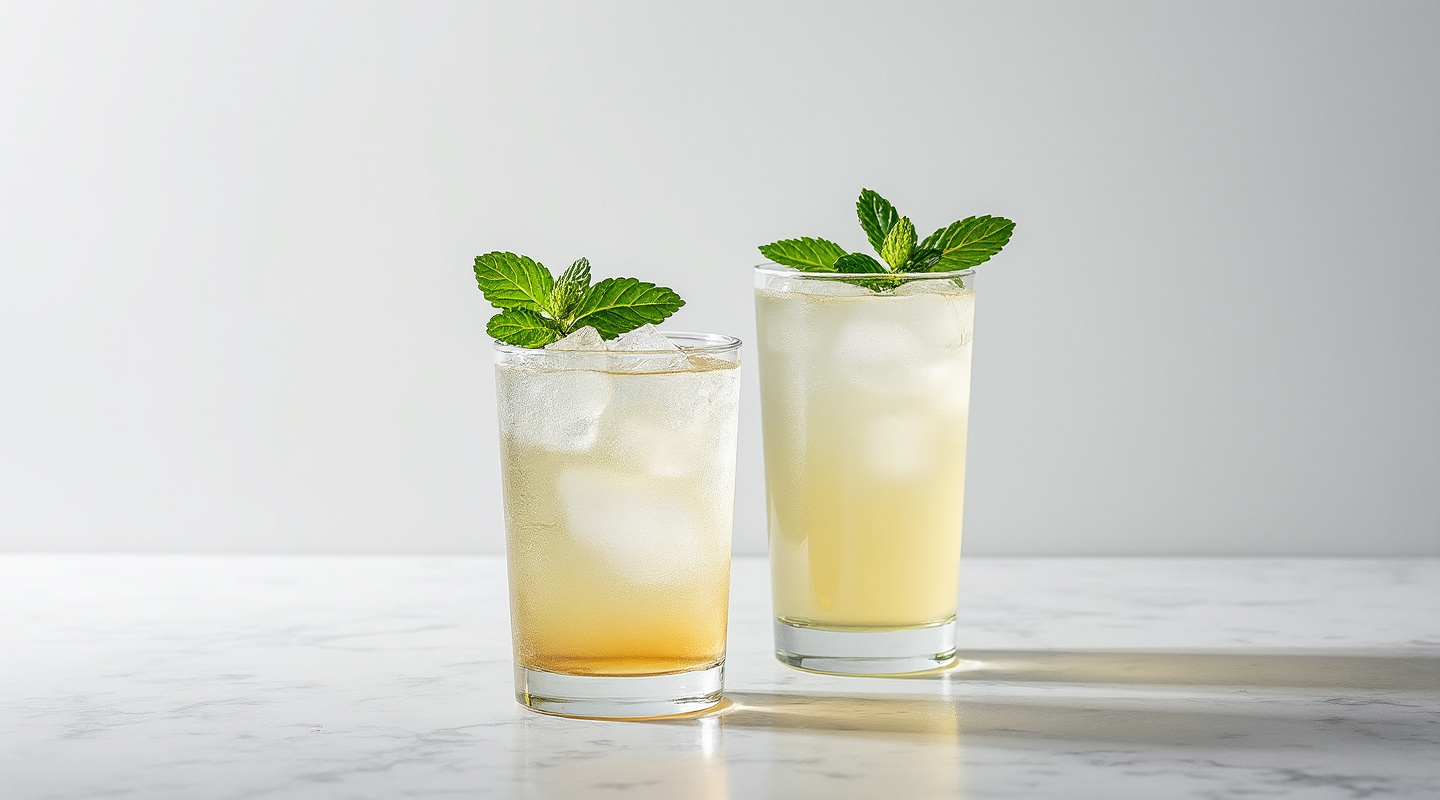 The Opening Act cocktail in a Collins glass, garnished with mint sprig