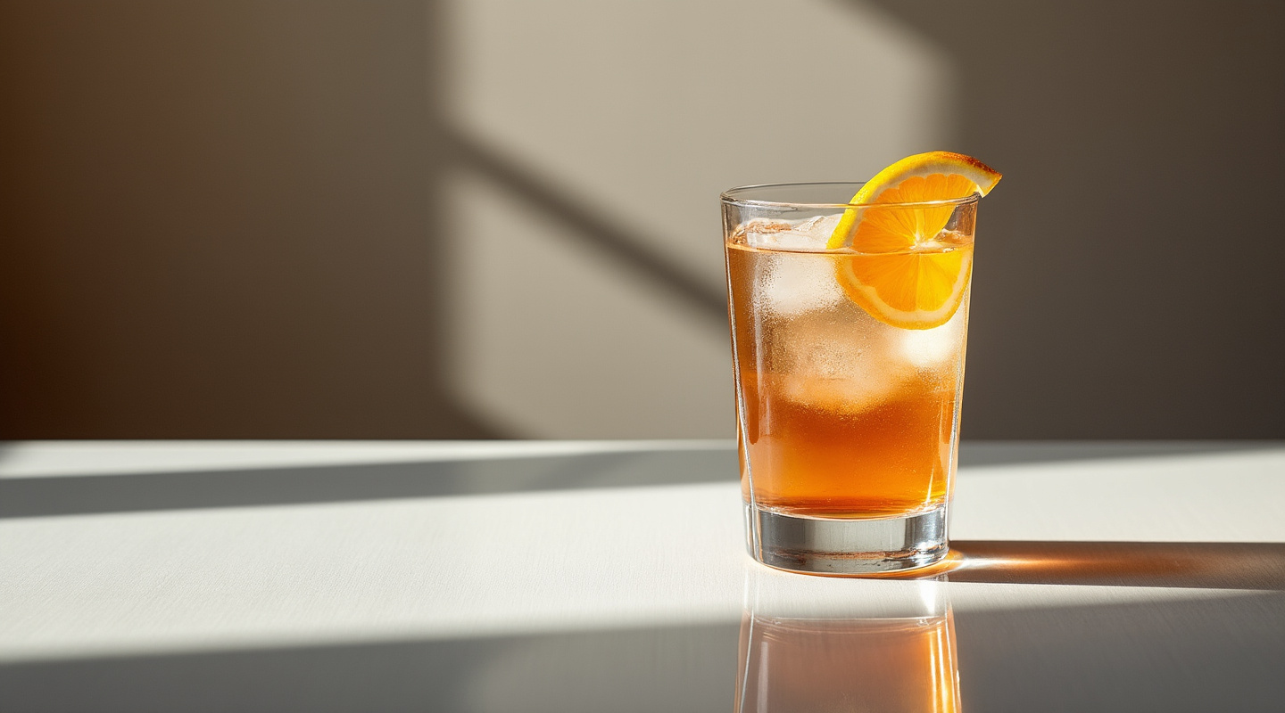 Papa Ghirardelli cocktail in a Collins glass garnished with an orange slice