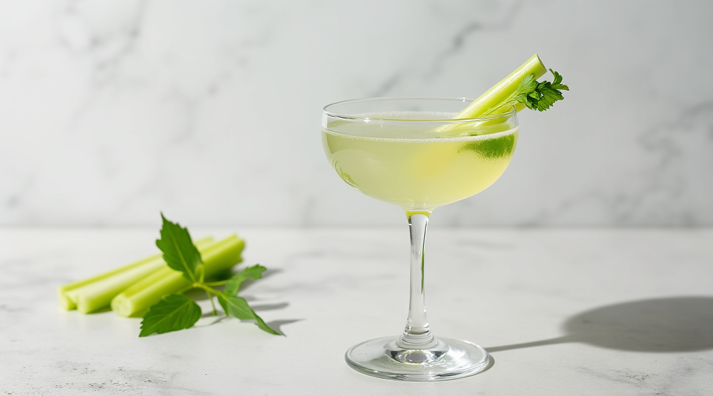 Celery Gimlet cocktail in a coupe glass