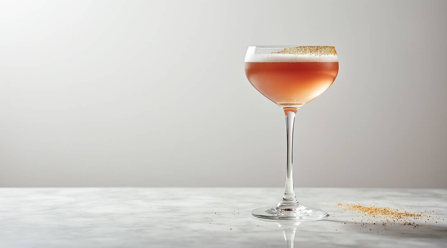 Christmas Velvet Alexander in a coupe glass, garnished with nutmeg and orange zest.