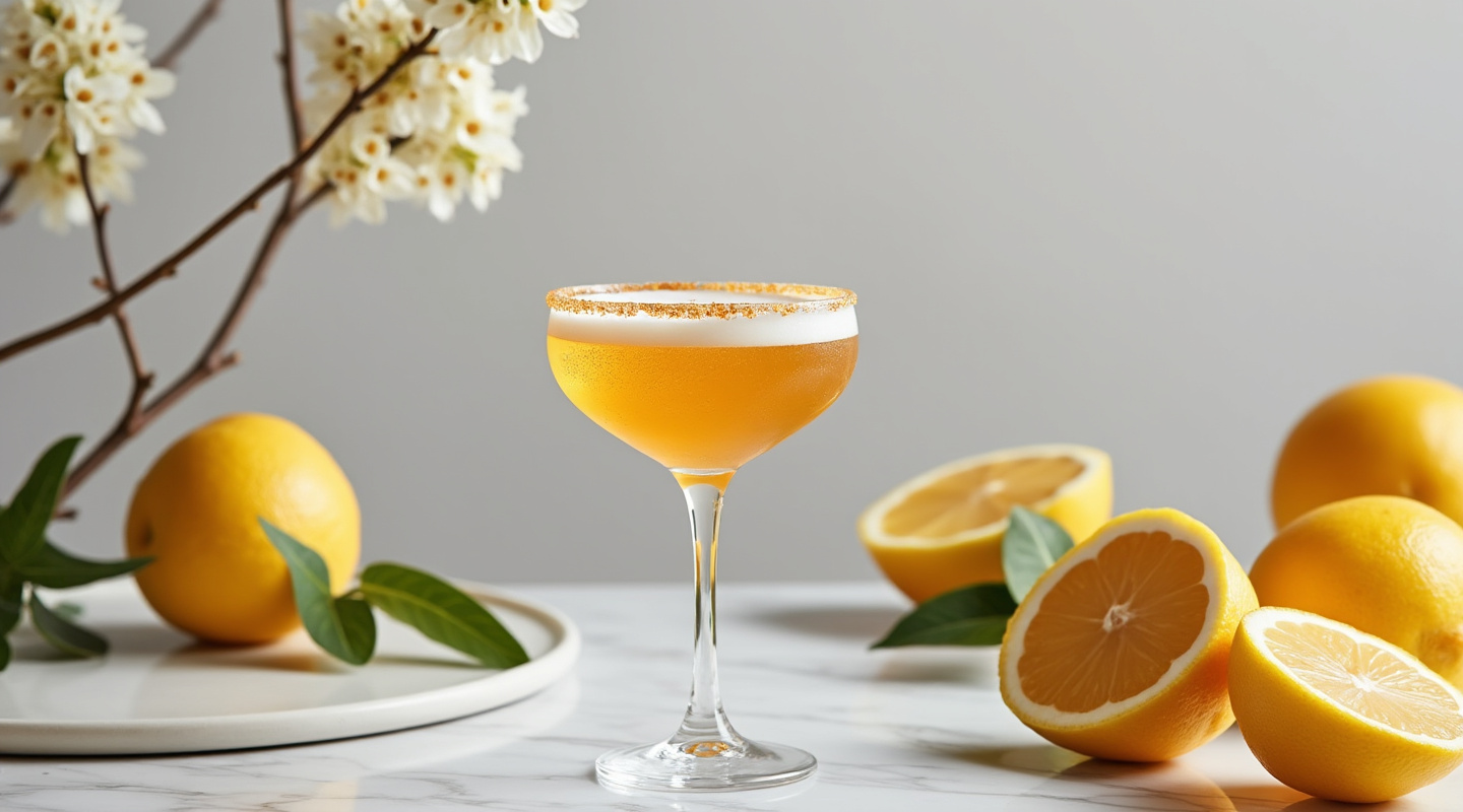 A beautifully presented Brandy Crusta cocktail in a flute glass with a sugar-crusted rim.