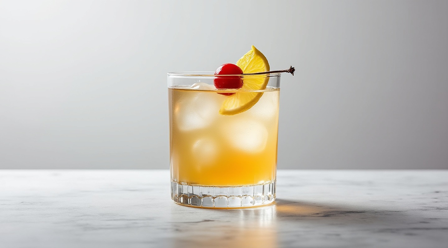 A refreshing Brandy Sour cocktail served with a lemon wheel and cherry garnish.