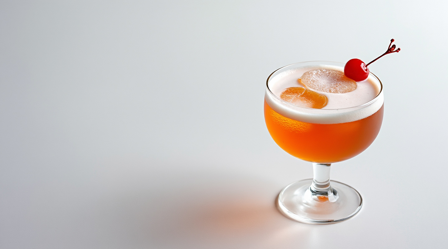 Young Man Cocktail in a coupe glass garnished with a cherry