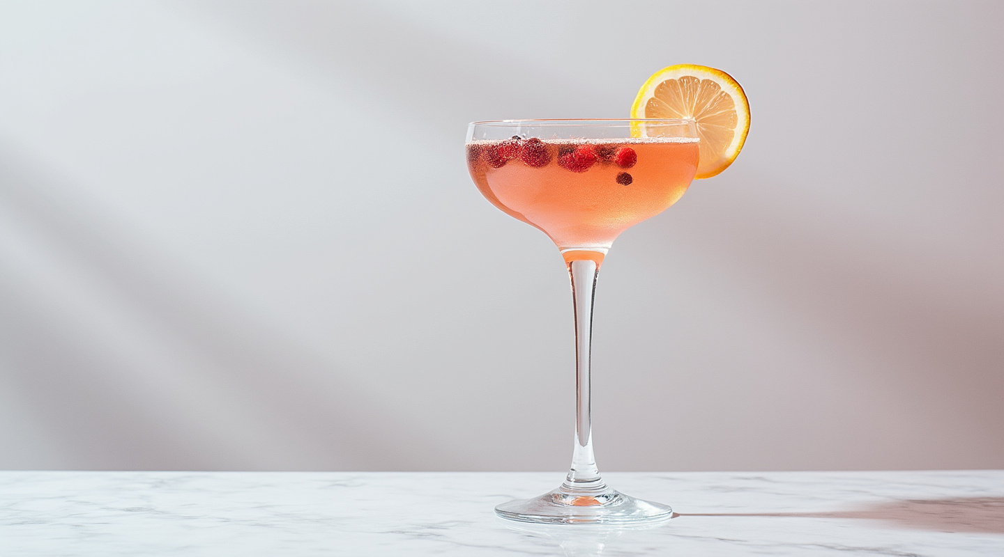 Rose Memoire cocktail served in a flute glass