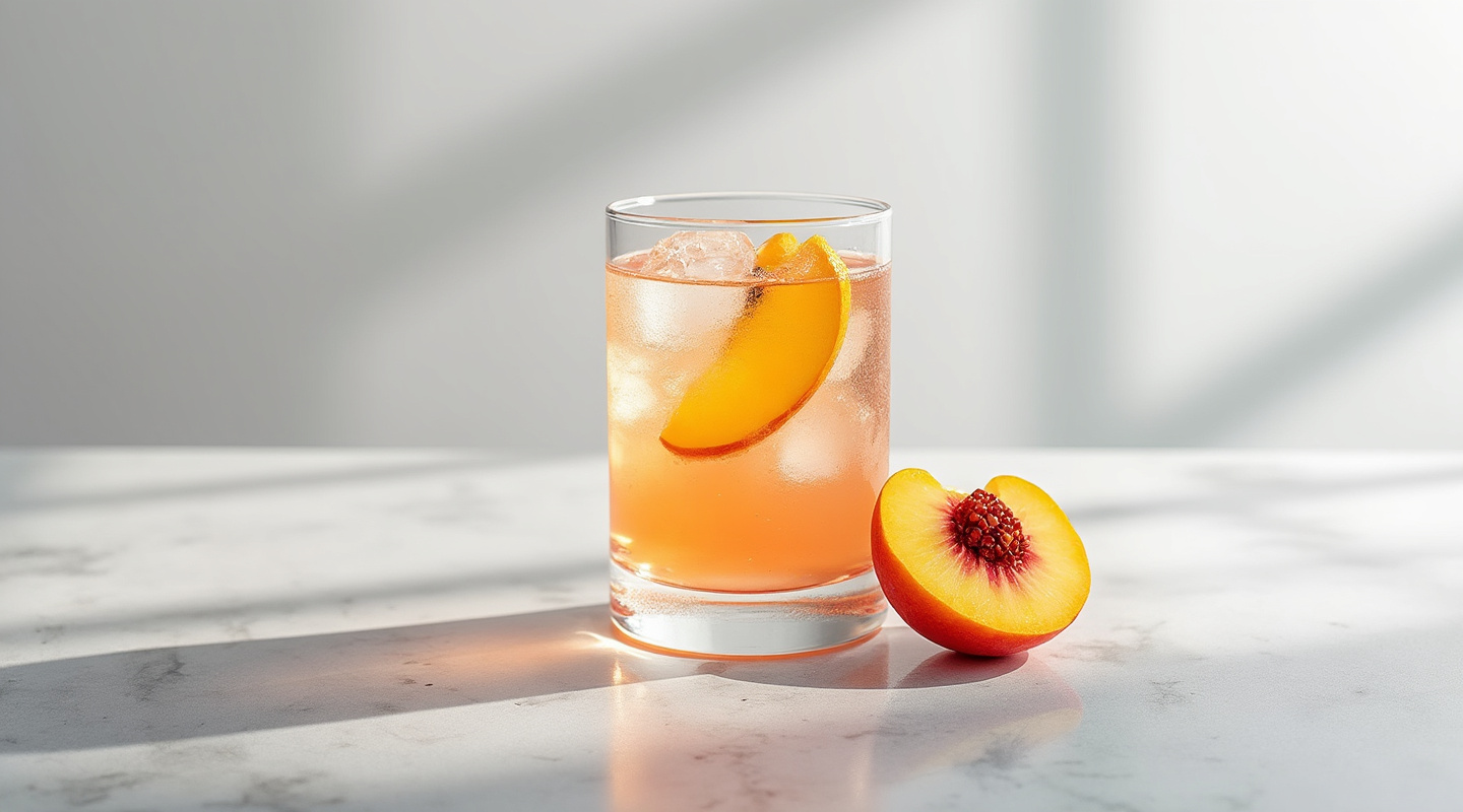 A refreshing Bellini Peach Spritz served in a rocks glass with a lemon slice or fresh peach wedge garnish.