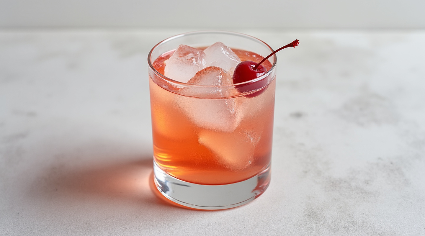 Sour Cherry Spritz in a rocks glass with a cherry garnish