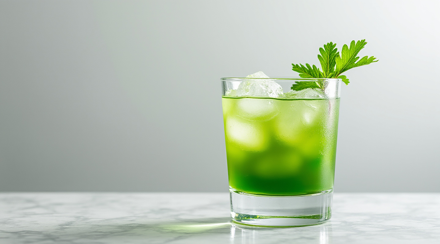 Thai Green Cocktail in an old-fashioned glass garnished with coriander