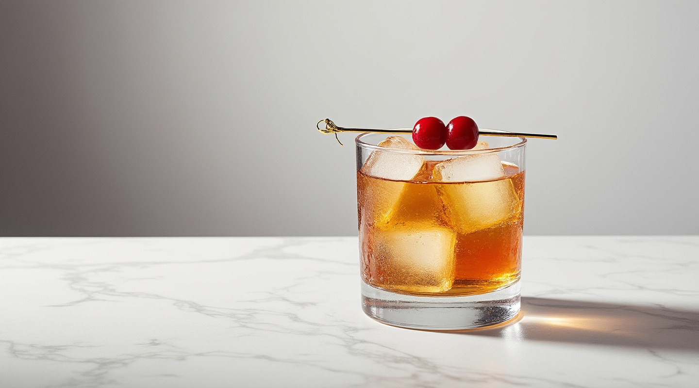 Randy Old-fashioned Cocktail with Cognac, Tawny Port, Maple Syrup, Absinthe, and Creole-style Bitters in an Old-fashioned Glass