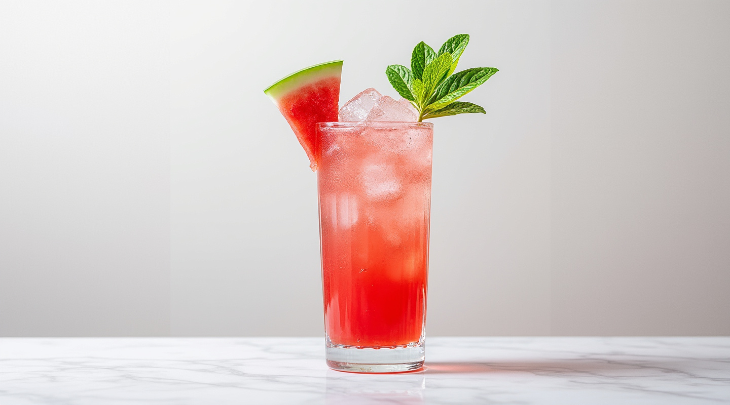 A light pink Watermelon Batida cocktail served in a Collins glass with a watermelon wedge