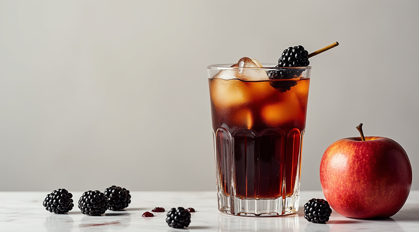 Mulled Apple Black cocktail served in a warm glass with blackberries garnish