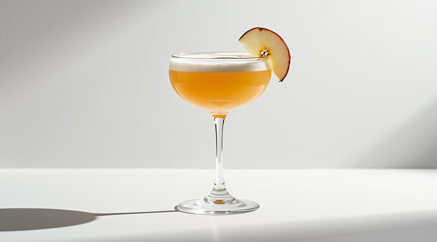 Smokey Boat cocktail in a coupe glass with apple garnish