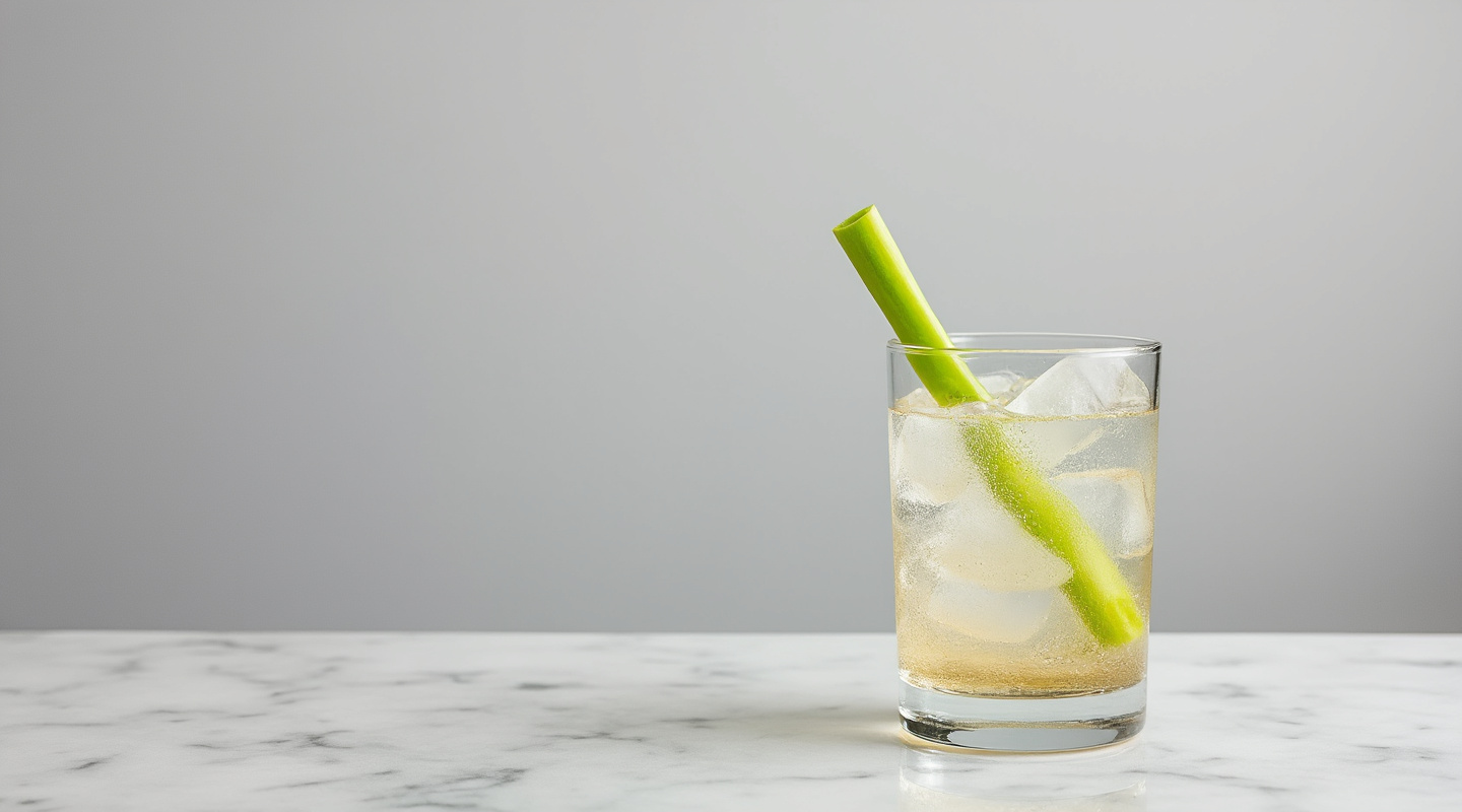 A refreshing Mastiha & Tonic cocktail served with a celery stick garnish