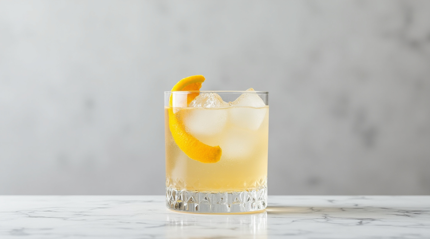 A Mastiha Sour cocktail garnished with citrus zest in an old-fashioned glass