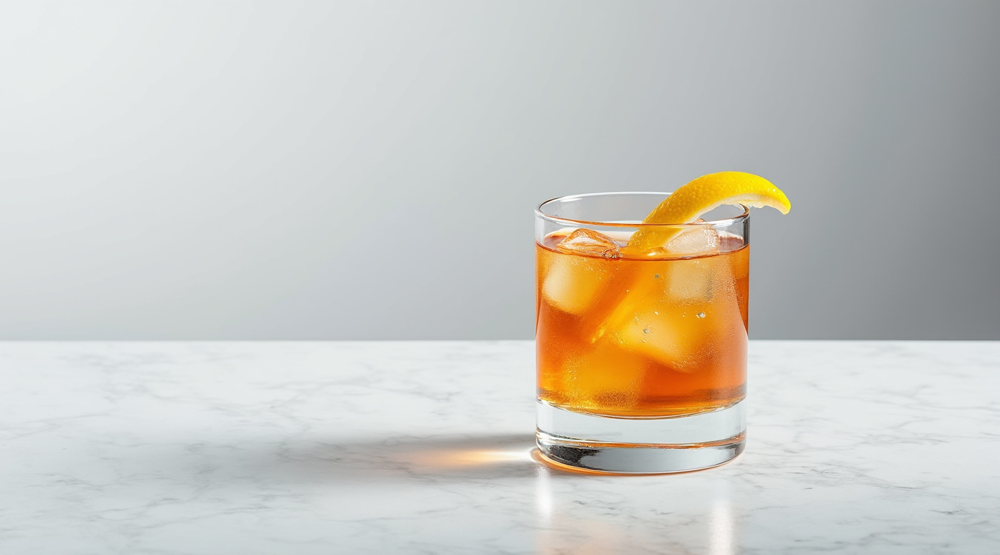 An elegant and complex cocktail in an old-fashioned glass resulting from a blend of spirits and liqueurs.