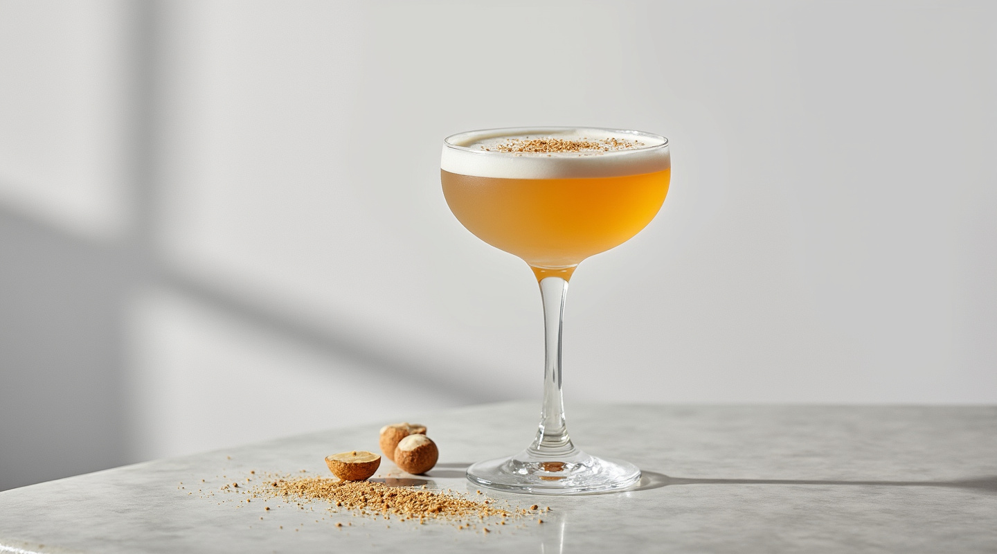 A creamy colored cocktail in a coupe glass, garnished with freshly grated nutmeg