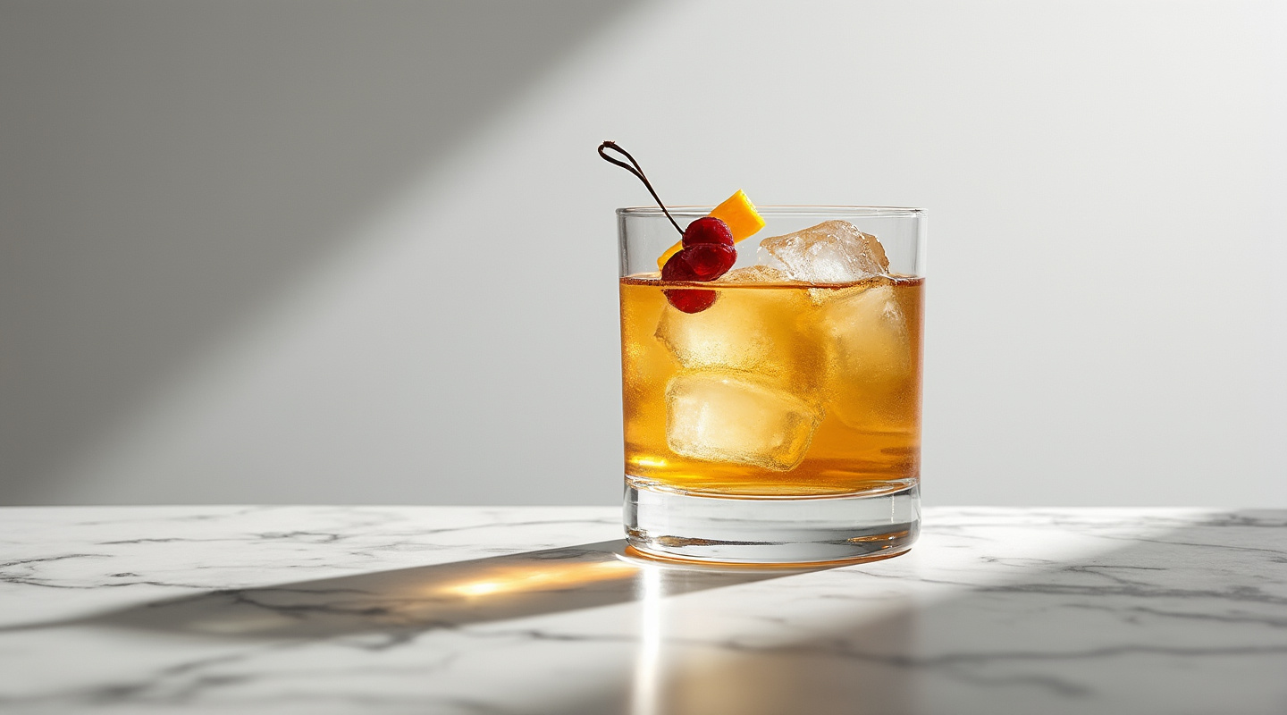 The Southern Alliance cocktail served in a glass with orange zest twist and cherries