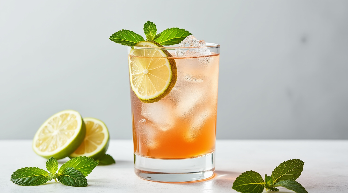 Simple Softly cocktail garnished with mint, ginger slices & dehydrated lime wheel