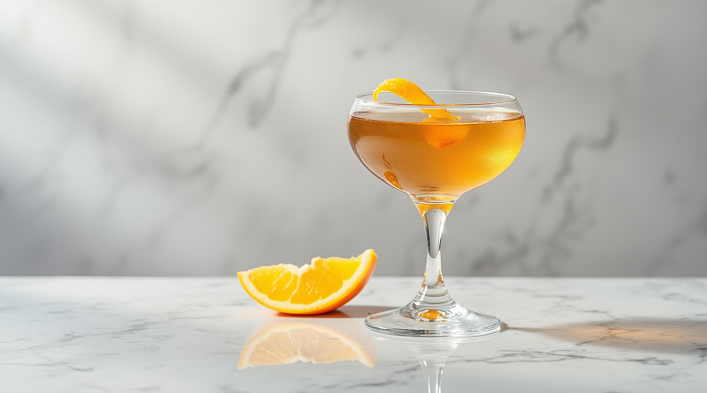 DaVinci Code cocktail in a Snifter glass with an orange zest twist garnish