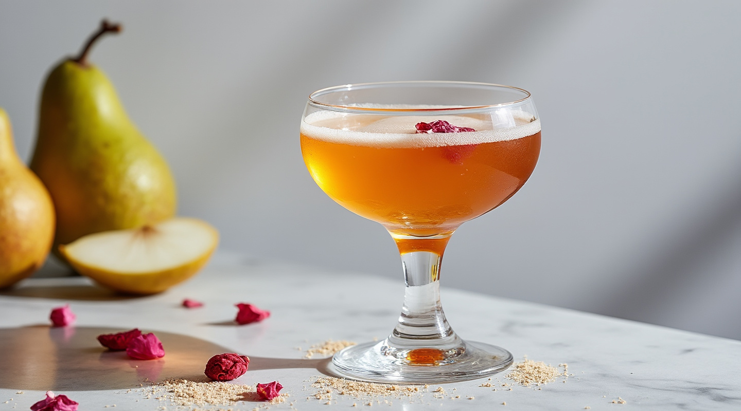 A sophisticated cocktail served in a Nick & Nora glass