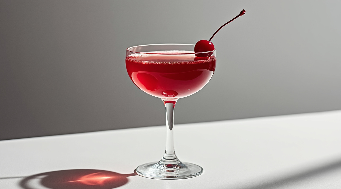 Cherry Velvet cocktail served in a coupe glass